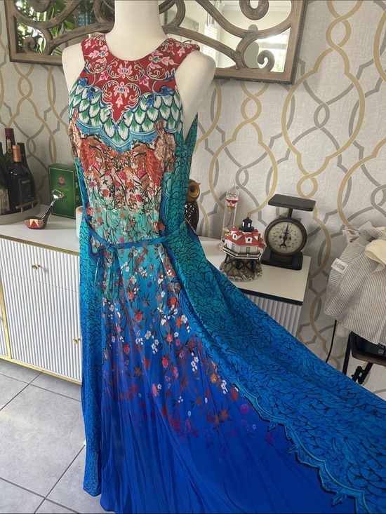 Gottex Other - GOTTEX Silk Blue Multicolor Maxi cover up/dress with Floral & Feather Motif